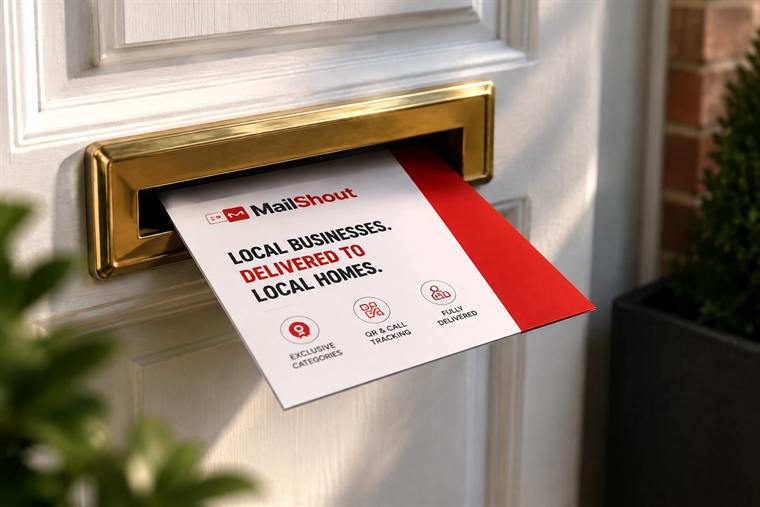A MailShout card being delivered through a letterbox